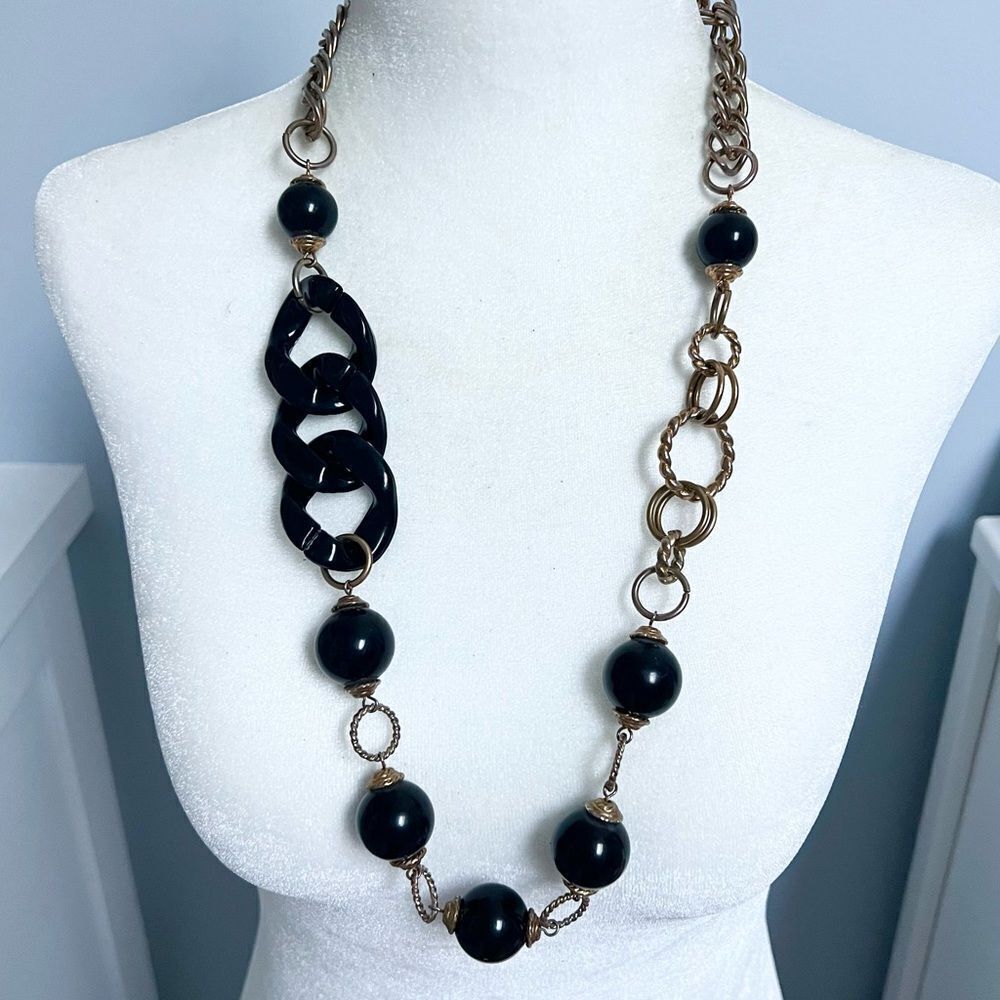 Vintage gold tone chain and black beaded long chunky necklace